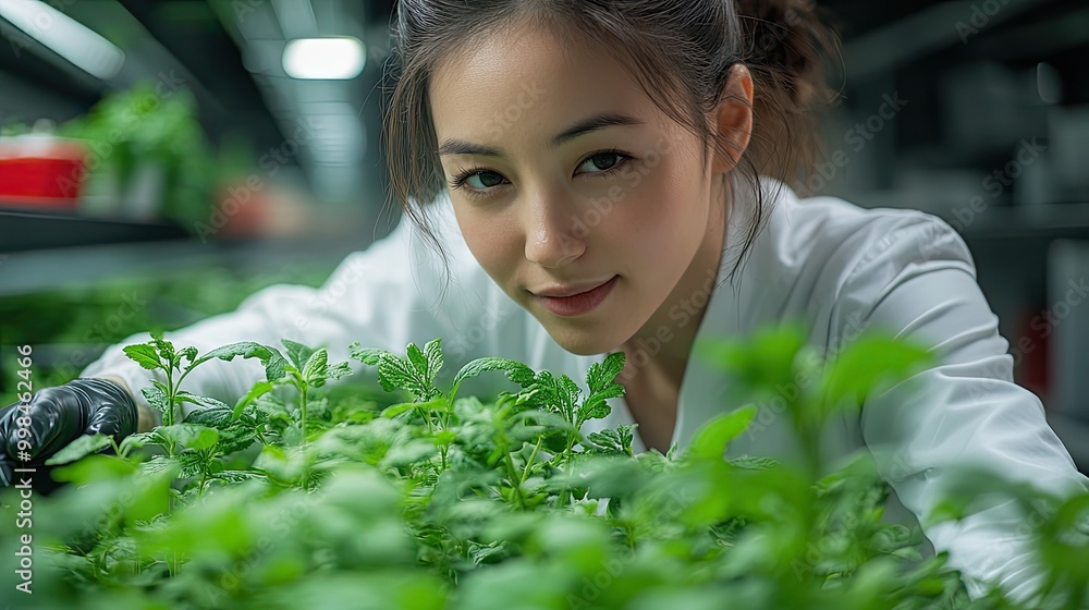 In a laboratory, a biologist nurtures green plants, leveraging technology to enhance agricultural research and growth. In a laboratory, a biologist nurtures green plants, leveraging technology to enhance agricultural research and growth.