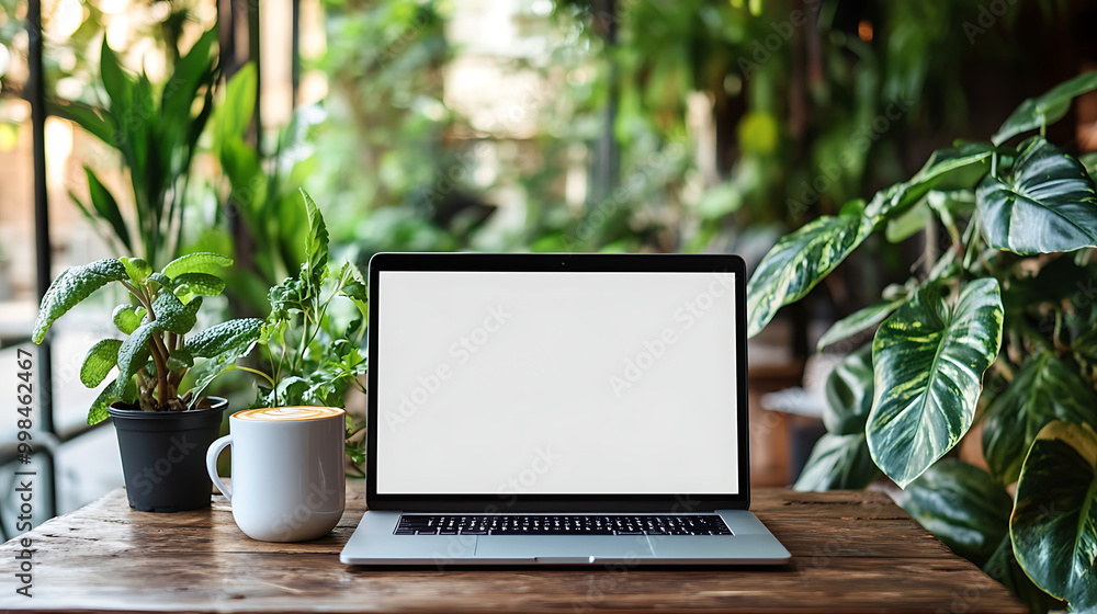 Modern workspace with a laptop and coffee cup on a wooden table surrounded by indoor plants, promoting a productive and fresh environment. Modern workspace with a laptop and coffee cup on a wooden table surrounded by indoor plants, promoting a productive and fresh environment.