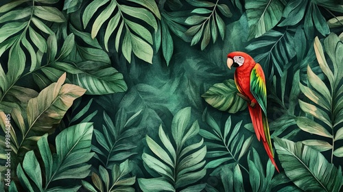 Creating a retro wallpaper pattern with timeless appeal, a watercolor jungle landscape is depicted in this pattern.