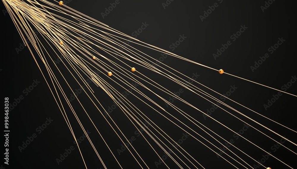 Obraz premium A minimalistic abstract design with golden orbs radiating light, connected by thin geometric lines, on a deep, dark background.