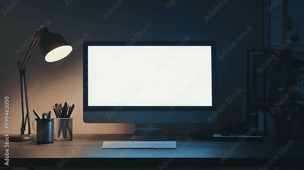 Modern workspace with desktop computer, keyboard, and desk lamp in a dimly lit room. The computer screen is blank and glowing. Modern workspace with desktop computer, keyboard, and desk lamp in a dimly lit room. The computer screen is blank and glowing.