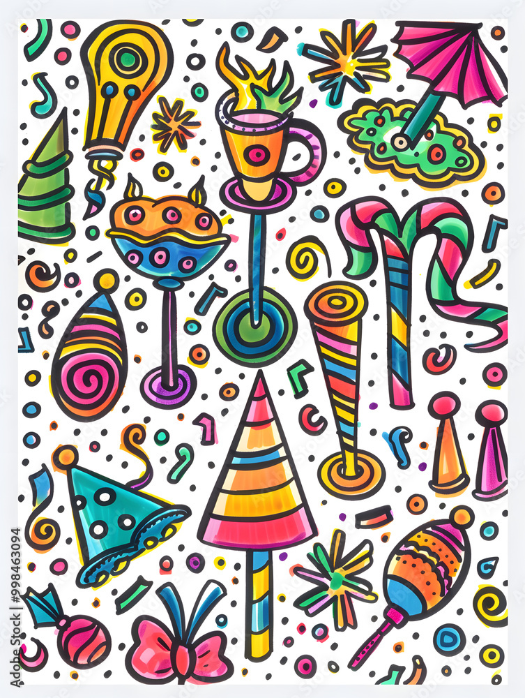 Fototapeta premium New Year and Christmas card, graphic advertising backgrounds in a doodle 2D illustrator style