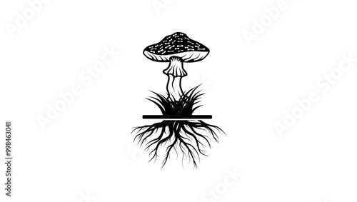 mushroom roots emblem, black isolated silhouette