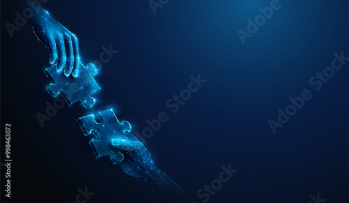 Abstract illustration of two hands holding puzzle pieces approaching in low poly style. Blue geometric background depicting synergy partnership and industry teamwork concept by wireframe mesh