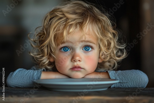 An empty plate on a young child, starvation and undernutrition concept image for topic related to child nutrition