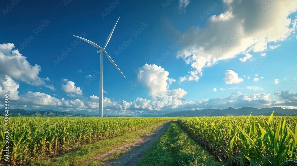 Huge windmill next to sugar cane fields generating power, sugar industry sustainability, renewable energy Huge windmill next to sugar cane fields generating power, sugar industry sustainability, renewable energy