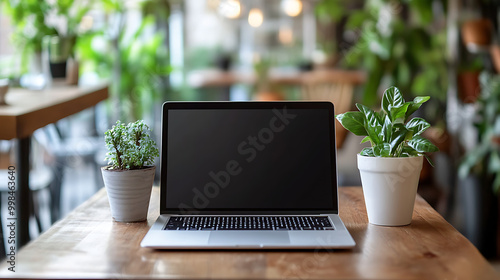 Open laptop on wooden desk in a cozy room with green plants, perfect for remote work. Modern workspace with natural light and decorations.