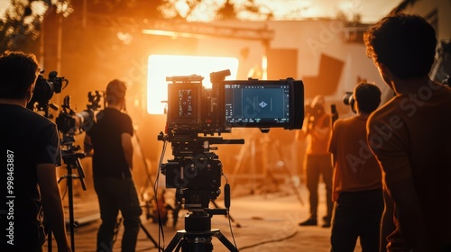 Film production team setting up cameras and lighting for a shoot