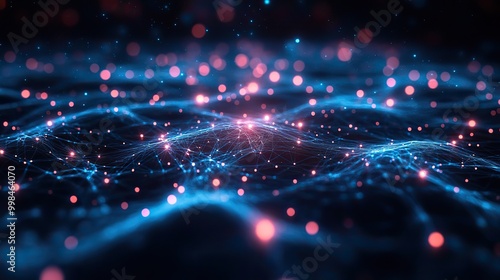 The abstract futuristic network illustrated on the background highlights complex digital connections.