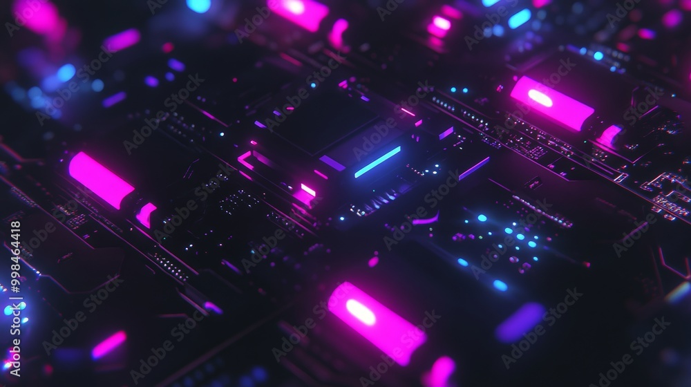 With a blue and purple circuit board background and glowing electronic components, this is a futuristic digital concept of innovation and connectivity. With a blue and purple circuit board background and glowing electronic components, this is a futuristic digital concept of innovation and connectivity.