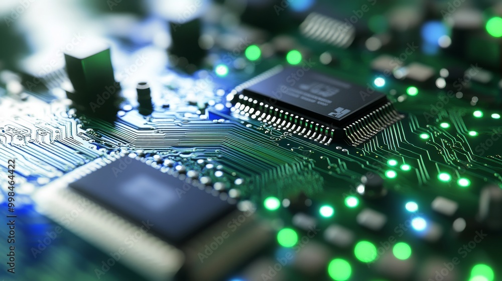 An integrated circuit board with a vibrant blue and green digital network technology background - futuristic 3D illustration for tech concepts and design. An integrated circuit board with a vibrant blue and green digital network technology background - futuristic 3D illustration for tech concepts and design.