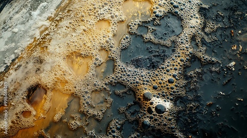 A close-up of an anaerobic digester, illustrating the process of organic material being broken down, with visible bubbles of biogas forming and rising to the surface. photo