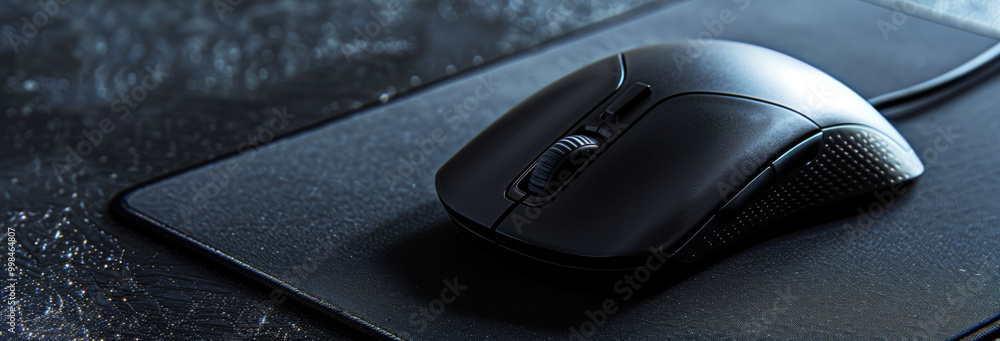 Wired mouse with mousepad on black textured table, closeup Wired mouse with mousepad on black textured table, closeup