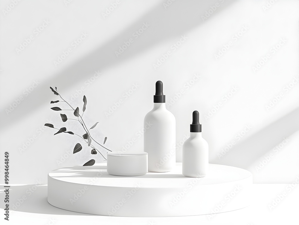 Refined Skincare Ritual on Pristine White Surface with Gentle Botanical Infusions Refined Skincare Ritual on Pristine White Surface with Gentle Botanical Infusions