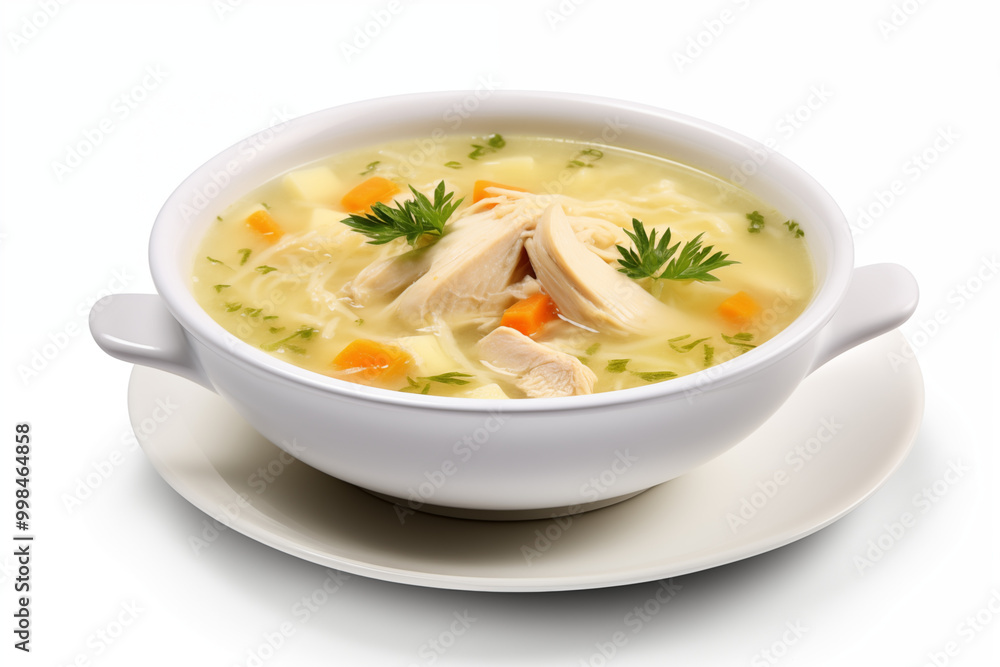 A steaming bowl of chicken corn soup with shredded chicken, sweet corn kernels, and chopped spring onions floating on surface. The broth is thick and creamy, with visible herbs, on white background A steaming bowl of chicken corn soup with shredded chicken, sweet corn kernels, and chopped spring onions floating on surface. The broth is thick and creamy, with visible herbs, on white background