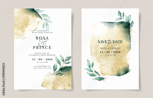 Elegant gold with emerald green watercolor wedding invitation card template. Gold background. Leaves watercolor decoration