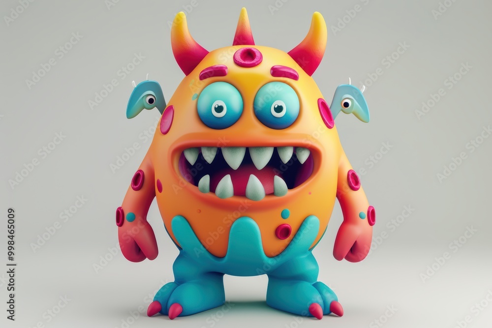 3D monster character with bold colors standing against a white background under studio lighting. 3D monster character with bold colors standing against a white background under studio lighting.