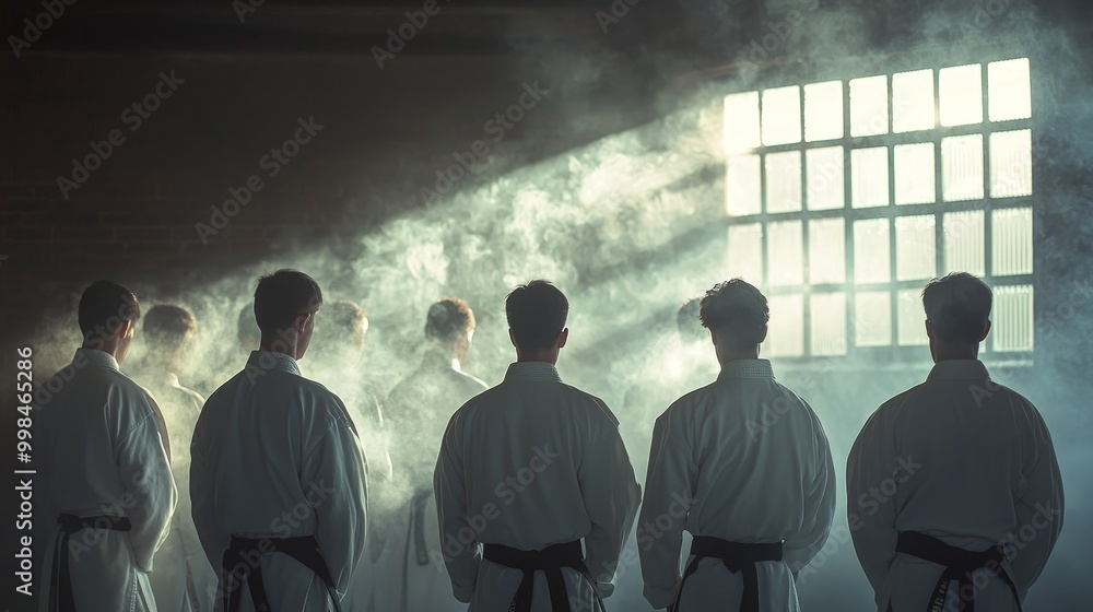 Obraz premium Martial artists in a dojo with thin smoke and light streaming through windows, creating a solemn, focused atmosphere.