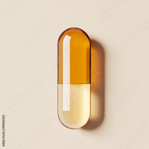 Highquality photography of a capsule with equalsized top and bottom halves the top half of the capsule is solid goldenyellow matching the honey inside and the bottom half is transparent revealing