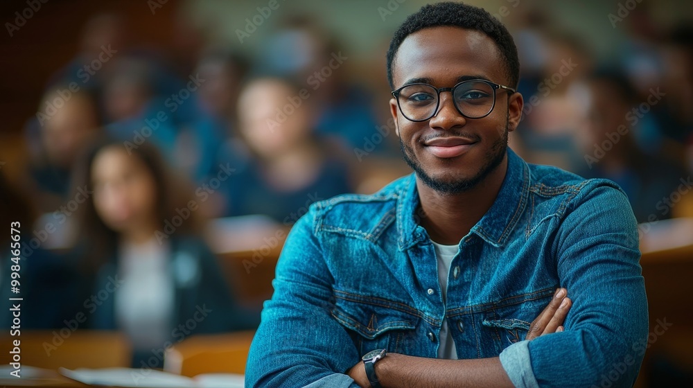 Fototapeta premium University lecture hall portrait of a happy black afro American student