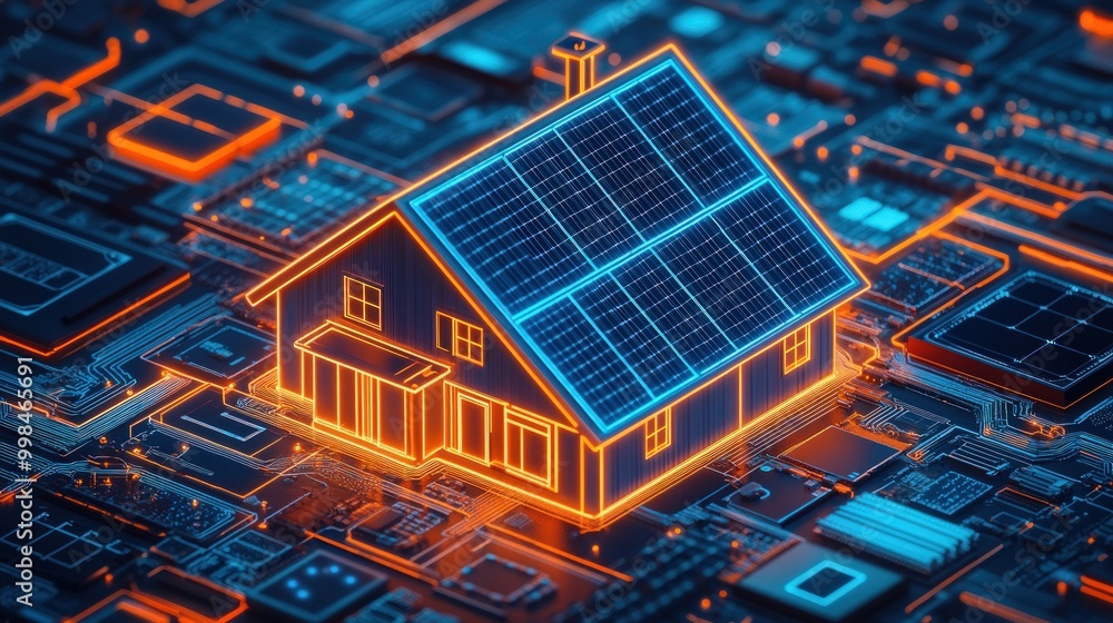 A 3D rendering of a house with solar panels on the roof, illuminated on a circuit board. A 3D rendering of a house with solar panels on the roof, illuminated on a circuit board.