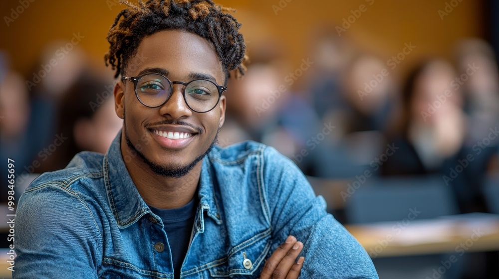 Fototapeta premium The picture shows a black afro-american university student sitting in a lecture hall and looking happy