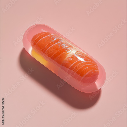 Highquality photography of a capsule with equalsized top and bottom halves the top half of the capsule is solid salmonpink matching the salmon inside and the bottom half is transparent revealing a ric photo