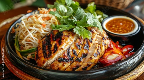 A serene dining scene with a beautifully arranged plate of Som Tum and grilled chicken, garnished with fresh herbs, showcasing the elegance of Thai cuisine photo