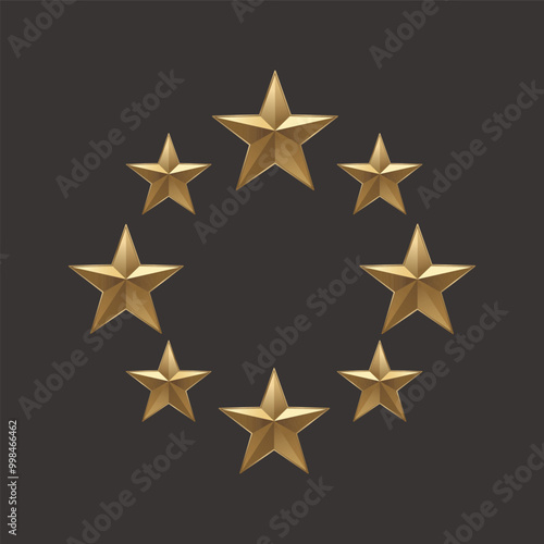 Set of gold stars in circle isolated on dark background. Vector realistic five golden stars