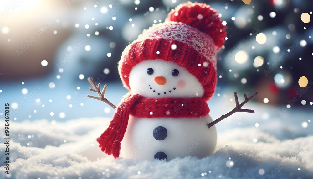 Adorable Snowman with Red Hat and Scarf in Winter Snowy Landscape - Cute Snowman Photos Adorable Snowman with Red Hat and Scarf in Winter Snowy Landscape - Cute Snowman Photos