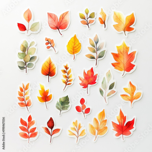 Watercolor paper texture sticker design pastel colors simple lines vibrant autumn leaves oak maple and birch leaves scattered soft light and shadows orange yellow red palette photo