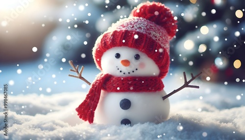 Adorable Snowman with Red Hat and Scarf in Winter Snowy Landscape - Cute Snowman Photos