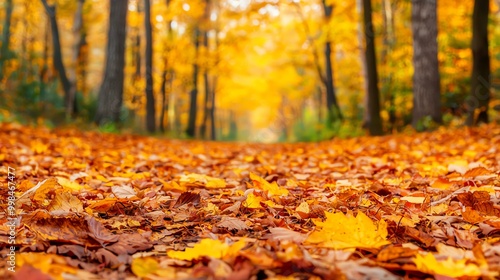 A serene forest path covered in vibrant autumn leaves, surrounded by tall trees with golden foliage, creating a peaceful autumnal atmosphere.