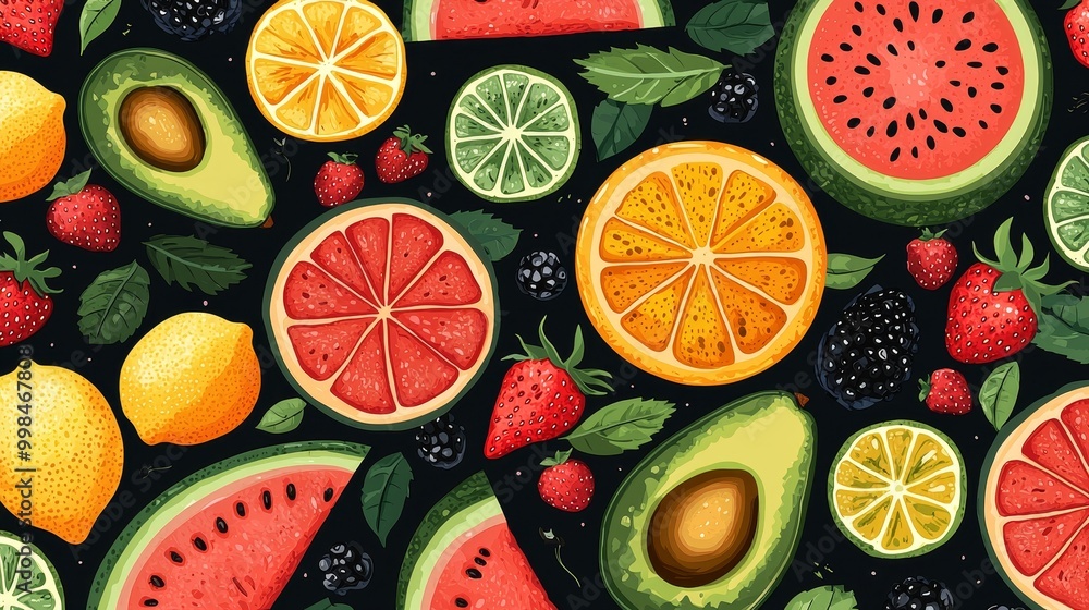 Fresh fruit seamless pattern bursting with vivid colors such as oranges, lemons, strawberries, and watermelons, invoking summer's vibrant spirit Fresh fruit seamless pattern bursting with vivid colors such as oranges, lemons, strawberries, and watermelons, invoking summer's vibrant spirit