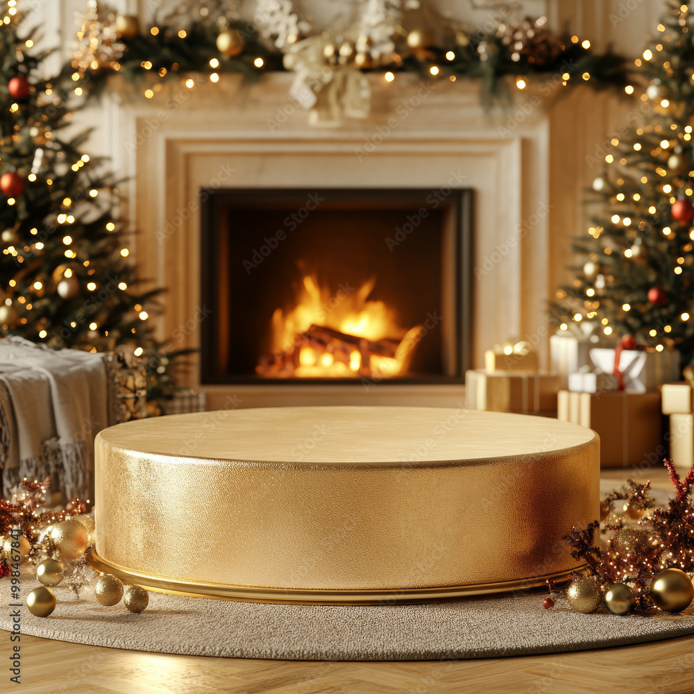 An empty gold podium with soft velvet texture surrounded by twinkling fairy lights and Christmas ornaments placed in a cozy living room with a roaring fireplace warm An empty gold podium with soft velvet texture surrounded by twinkling fairy lights and Christmas ornaments placed in a cozy living room with a roaring fireplace warm