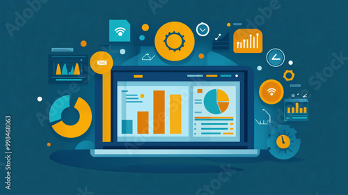 A stylized graphic of a laptop displaying data visualizations, charts, and analytics icons, representing technology and data analysis.