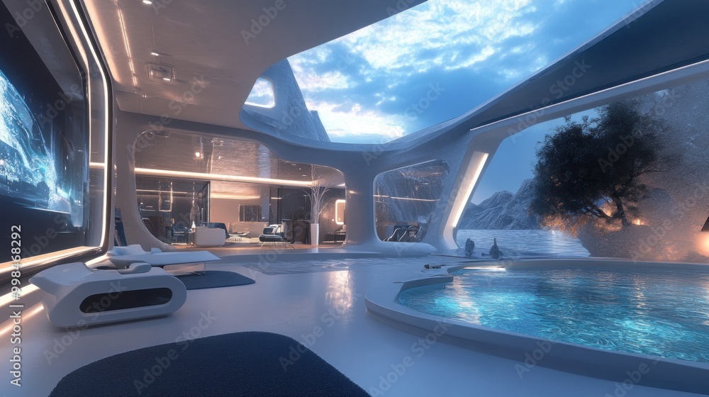 Futuristic Interior Design with Pool and Mountain View Futuristic Interior Design with Pool and Mountain View
