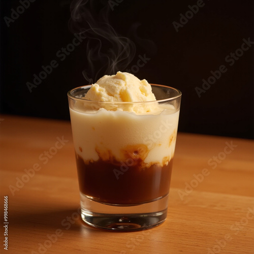 Affogato in a Clear Glass with Vanilla Ice Cream and Hot Espresso