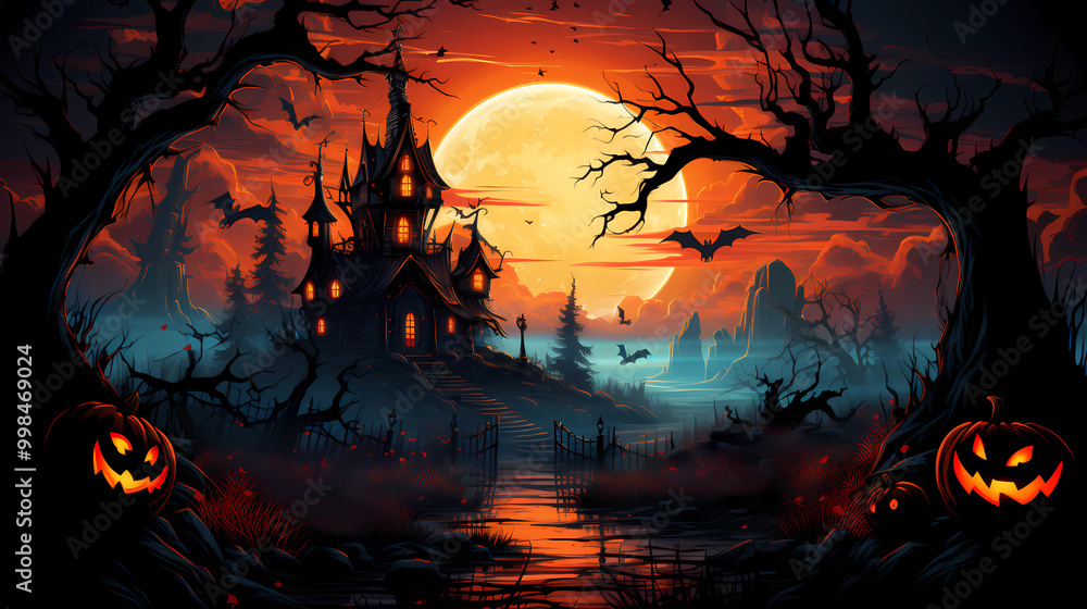Spooky Halloween Background scene of haunted house and jack o lanterns and bats in flight against a red rising moon. Spooky Halloween Background scene of haunted house and jack o lanterns and bats in flight against a red rising moon.