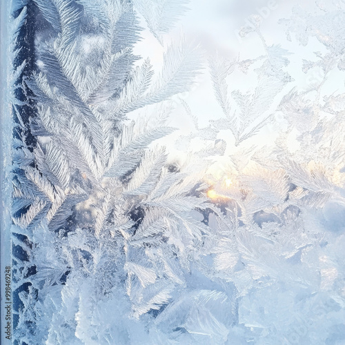 Frosty window with intricate ice patterns soft winter sunlight filtering through delicate and detailed frost formations cold and magical atmosphere white and light blue palette