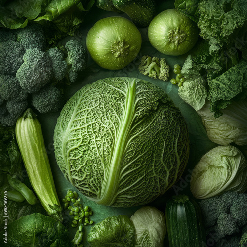 A cinematicstyle photograph of a green vegetable with intricate ridges and a matte surface surrounded by vegetables in shades of emerald olive and lime green photo