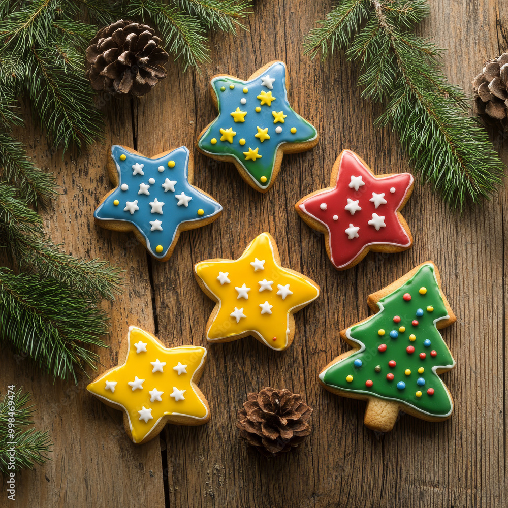 Christmas cookies shaped like stars and trees covered in colorful icing placed on a wooden table with pine branches festive and delicious warm and cozy atmosphere red and green palette Christmas cookies shaped like stars and trees covered in colorful icing placed on a wooden table with pine branches festive and delicious warm and cozy atmosphere red and green palette