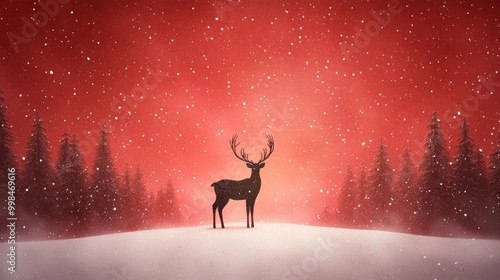 Deer standing on snow with a red background and falling snowflakes.