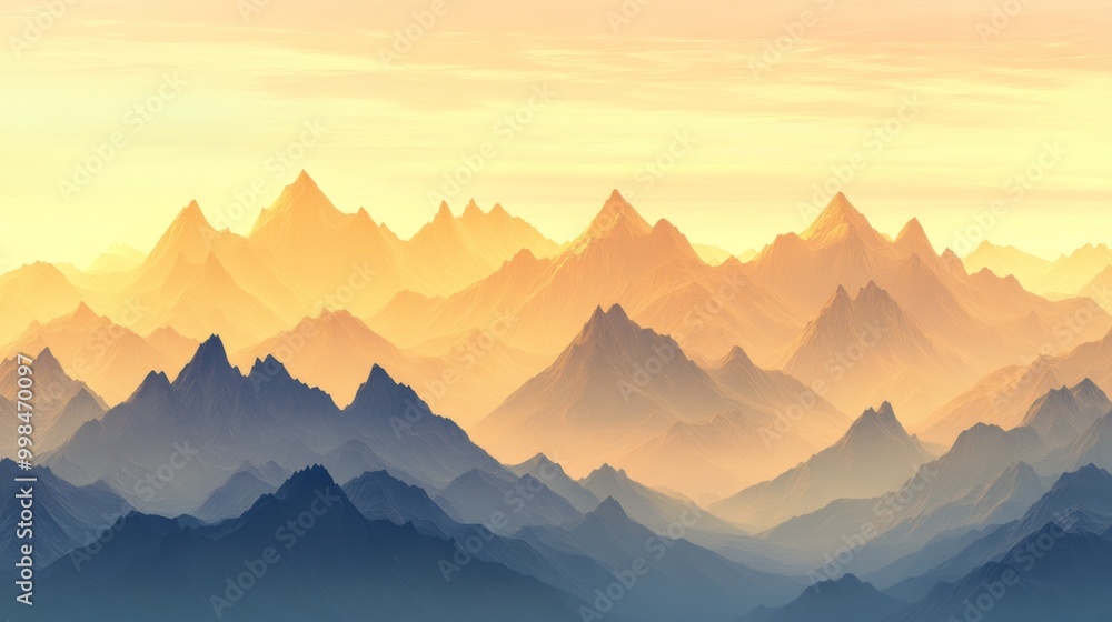 Obraz premium A serene view of a high mountain range with sharp peaks, bathed in the soft golden light of sunrise. Layers of mountains fade into the distance, creating depth and tranquility.