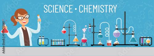 Science lab. Chemistry lab. Scientist little girl.