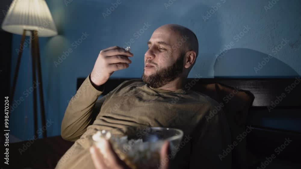 Young overjoyed caucasian man eating popcorn laughing out of loud while watching comedy movie or stand-up show at home, sitting in bed in bedroom at night Young overjoyed caucasian man eating popcorn laughing out of loud while watching comedy movie or stand-up show at home, sitting in bed in bedroom at night