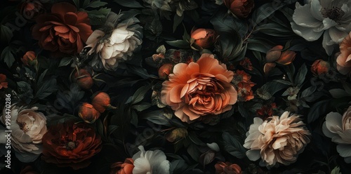 Wallpaper Mural Floral vintage seamless pattern featuring pink roses and garden flowers. Torontodigital.ca