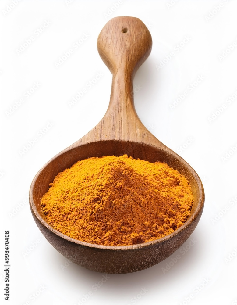 turmeric powder in wooden spoon over white background turmeric powder in wooden spoon over white background