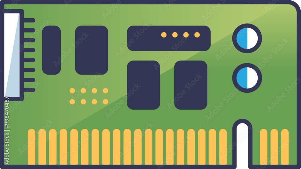 Illustration of a circuit board with various components, representing electronic hardware and technology. Illustration of a circuit board with various components, representing electronic hardware and technology.