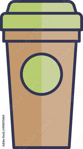 Illustration of a cardboard coffee cup with a green lid and circular label, symbolizing takeaway coffee culture.